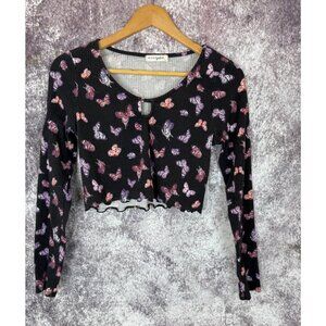 90s Y2K Shirt Women L Black Pink Butterfly Long Sleeve Crop Baby Tee Ruffle